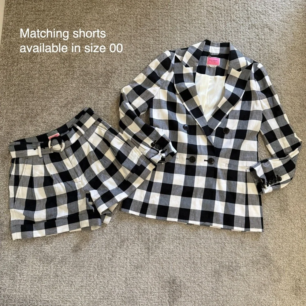 Kate Spade Gingham Linen Blend Double Breasted Blazer 2 Preppy Tailored Black